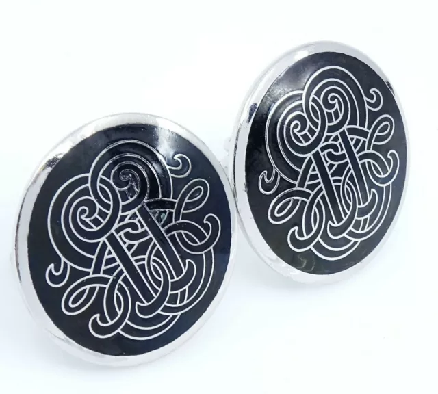 Big Large Round Cufflinks Black Silvertone Scroll Design Mens Cuff Links