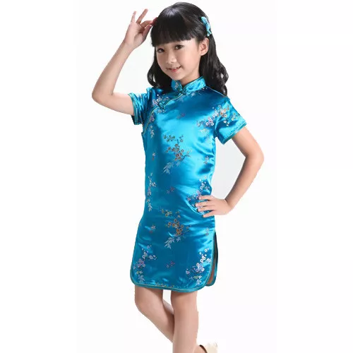 Mädchen Cheongsam Kleid Seide Satin Chinesisch Traditionell Blumen Qipao Kostüm Kleid 3