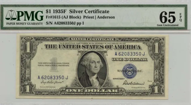1935F $1 Silver Certificate Blue Seal Fr# 1615 PMG Gem 65 EPQ