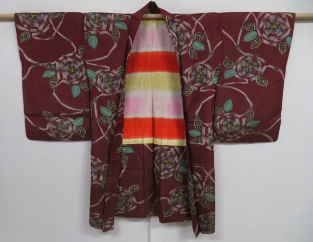 1005i07z460 Vintage Japanese Kimono Silk MEISEN HAORI Red-Brown Rose