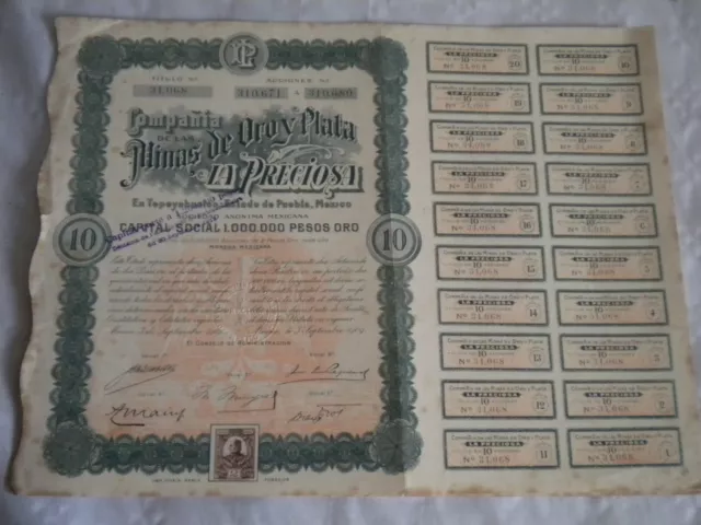 Vintage share certificate Stock BondsMinas De Oroy Plata la Preciosa mexico 1909
