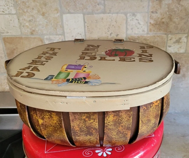 Adorable Vintage Oval HAND MADE HAND PAINTED Bentwood? Sewing Basket