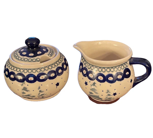 Boleslawiec Polish Pottery Pine Tree and Stars  Pattern Sugar and Creamer Set