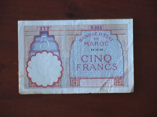 Maroc 1941,banknote 5 Francs, circulated, see the pictures