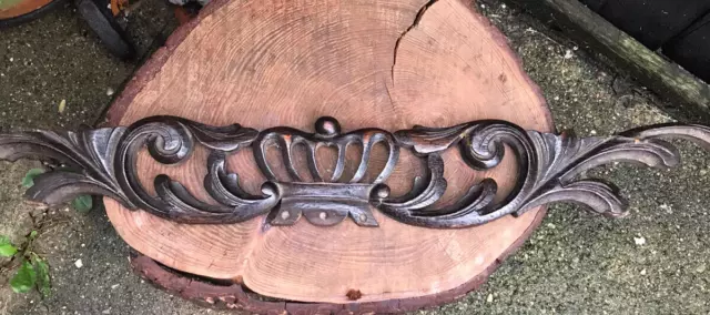 Antique CARVED WOOD CROWN PEDIMENT panel plaque rail furniture fragment oak No 3