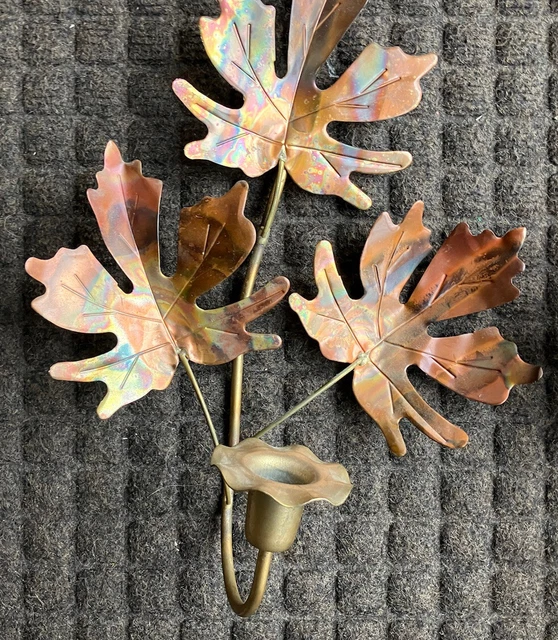 Set of 2 Copper Maple Leaf Wall Sconces Vintage Mid-Century Candle Holders