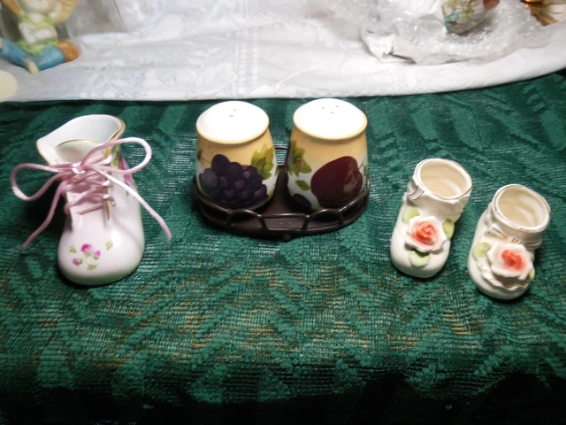 Porcelain Baby Shoe with roses. Nantucket Home. Salt/pepper Set & JAPAN Pr.Shoes