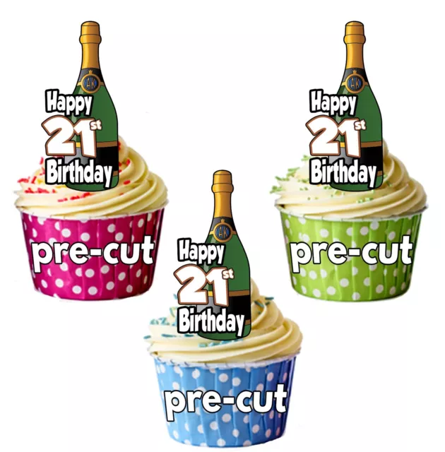 21st Birthday Champagne Bottles - Precut Edible Cupcake Toppers Cake Decorations