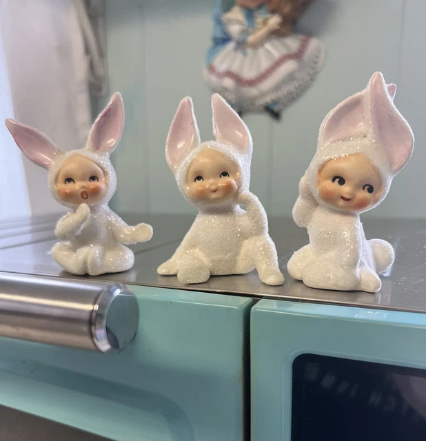3 Vintage LEFTON Sugared Snow Baby Bunnies Figurines Easter KITSCHY CUTIES!!!!