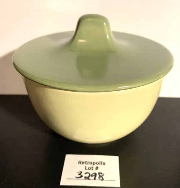 Vtg MCM Green and Yellow or Cream Pottery Sugar Bowl with Lid Mid Century Modern