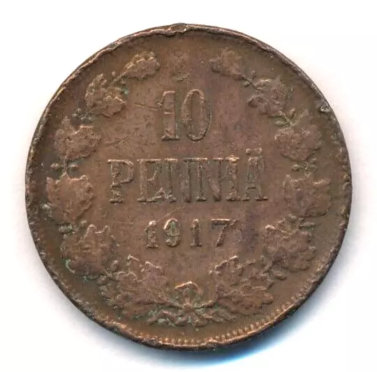 Finland 1917 - 10 Pennia Copper Coin - Under Imperial Russia