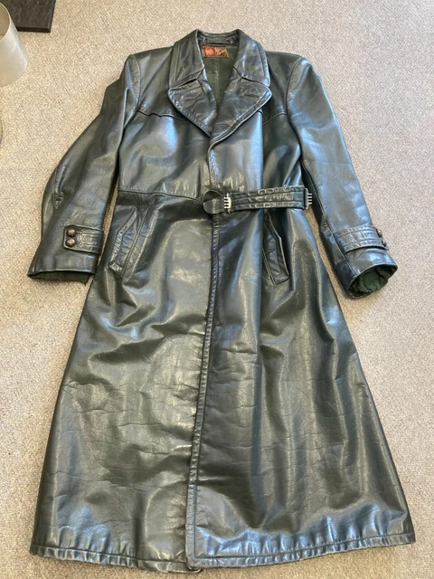 Original German WWII Period Green Leather Overcoat Commercially Manufactured Original German WWII Period Green Leather Overcoat Commercially Manufactured