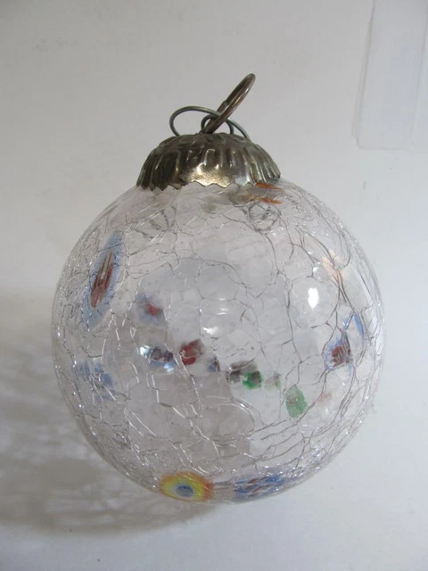 Vintage circa 1950's Christmas Crackle Glass Heavy Ornament Large 4" diameter
