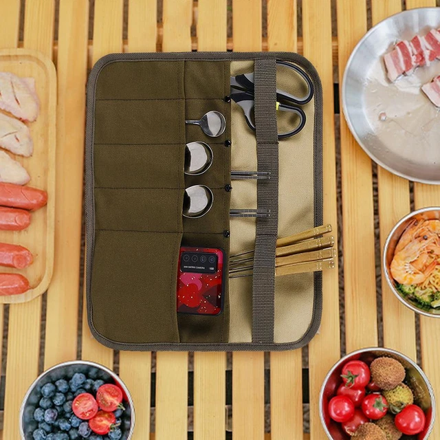Portable Outdoor Camping BBQ Tablewares Storage Bag Holder Canvas Fork Organizer