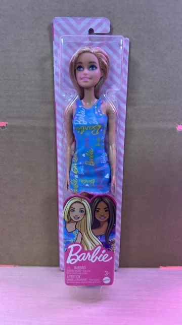 Barbie Blonde Doll with Logo Print Blue Dress NEW IN BOX