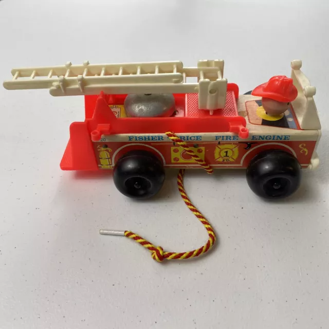 VINTAGE 1968 Fisher Price Little People Fire Truck Pull Toy w/ Bell 8" EUC 2