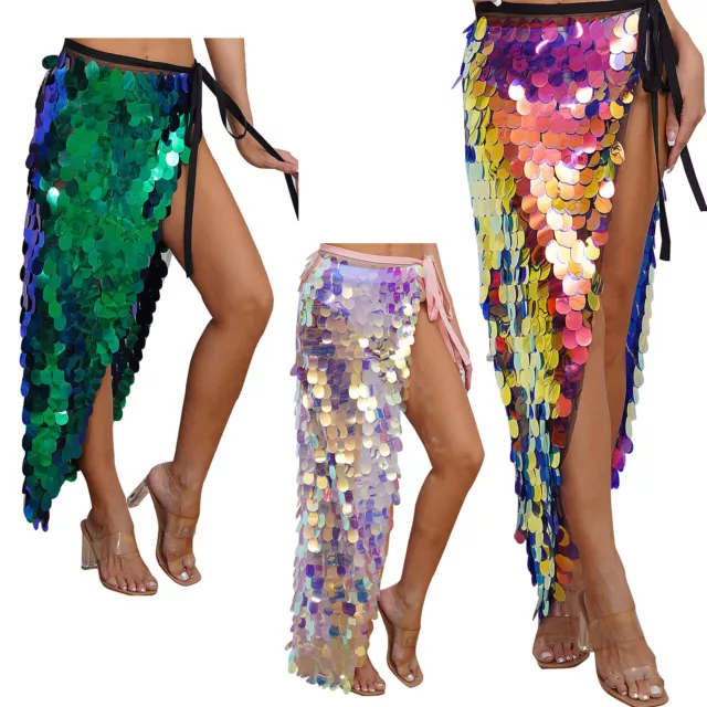 Women Shiny Sequin Skirt Lace-up Belly Dance Hip Skirt Scarf Wrap Festival Rave