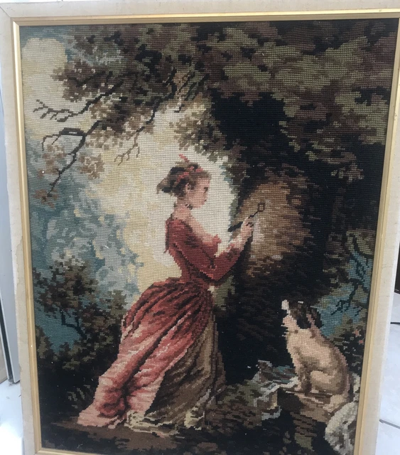 L Vintage French Handmade Needle Point Wall Tapestry Woman Carving Initials Wood