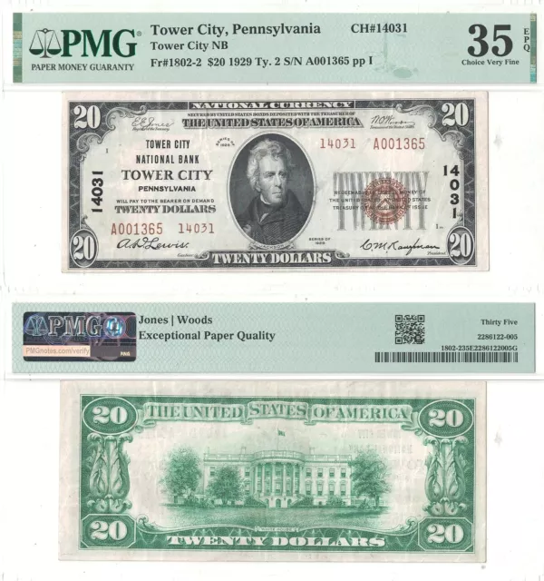 1929 $20 Tower City National Bank, PA #14031 PMG Choice VF-35 EPQ