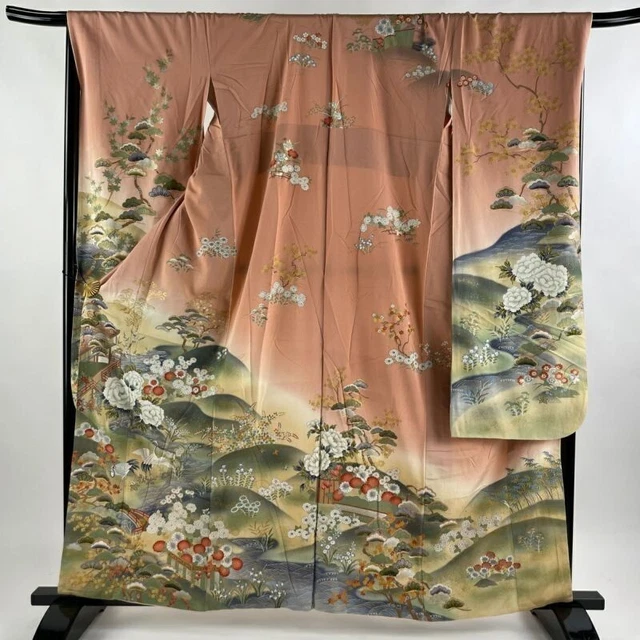 Japanese Kimono Furisode Pure Silk Lined Kimono Crane Flower Gradation Pink