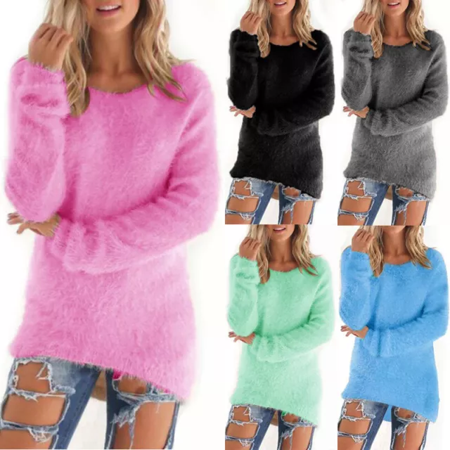 Womens Winter Warm Sweater Fluffy Plain Jumper Ladies Casual Long Pullover Tops