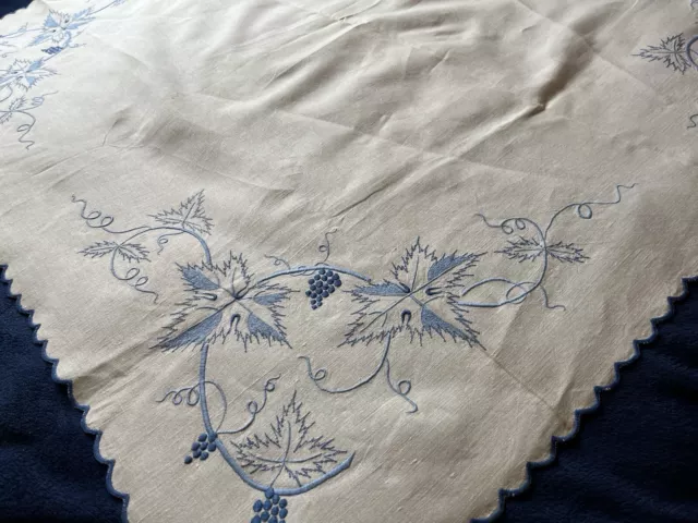 Vintage Antique Linen Tablecloth With Embroidered Grape And Vine Design Scallope