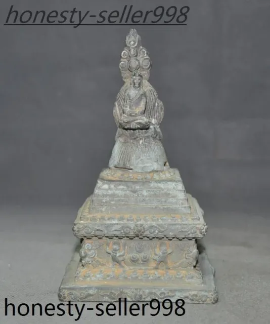 6.8'' Tibetan ancient temple bronze Sakyamuni Buddha statue Stupa Pagoda Tower