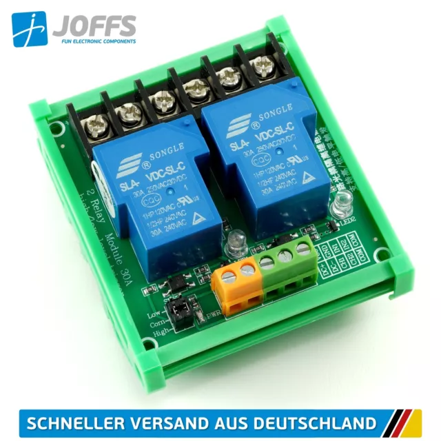 2-Kanal 12V 30A Relais Modul für Hutschiene (Din Rail Relay High/Low Trigger)