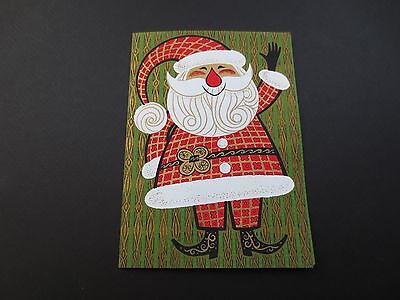 Vintage Colorful Nu- Art Xmas Greeting Card Unique Santa with Golden Accents