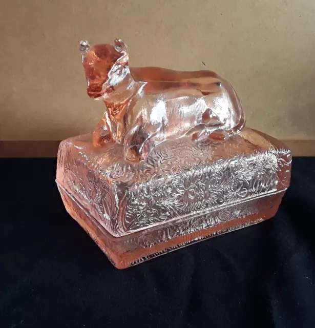 Ancien Gros Beurrier Vache En Verre Rosé de Portieux