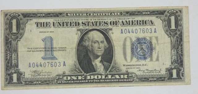 Series 1934 Blue Seal $1 Silver Certificate Note FINE  Fr#1606 Problem Free