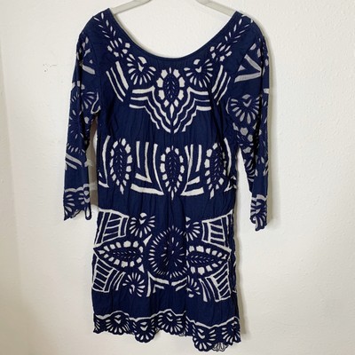 kas new york navy lace 3/4 sleeve scallop hem side zip dress size 6