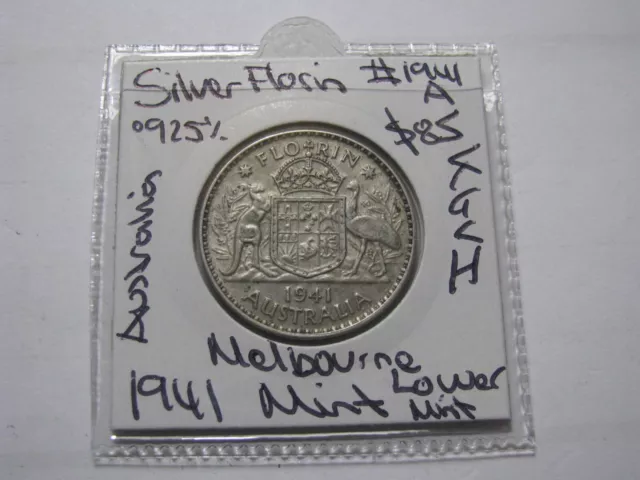 1941 Silver Florin Australia Melbourne Mint  Coin KGVI Lower Mintage Year #41.A