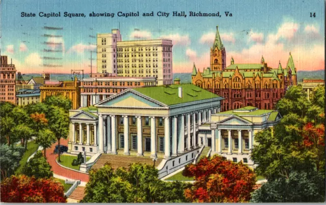 Vintage C. 1952 Richmond State Capitol Square & City Hall Virginia VA Postcard