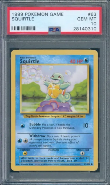 Squirtle Pokemon Base Set 63/102 PSA 10 Gem Mint
