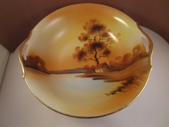 Vintage Hand Painted Noritake Japan Sunset Lake Two Handled Decorative Bowl