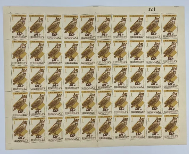 Owl Bird of Prey 1967 URUGUAY Sc#751 MNH Full sheet Stamps x 50 CV$100