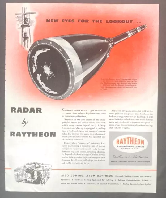 Raytheon Manufacturing Vintage Print Ad 1946 Radar New Eyes Welding Radio TV