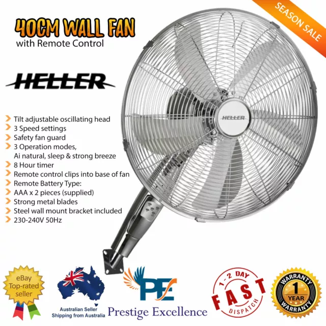 Heller 40cm Wall Mounted Fan with Remote Control Timer Oscillating Tilt Bracket