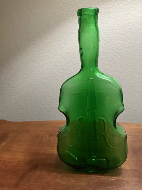 Blown Green Glass Violin Shaped Bottle 9 1/2” Tall Emerald 2