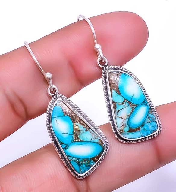 Copper Blue Turquoise Gemstone 925 Sterling Silver Bali Earring 1.56" A38