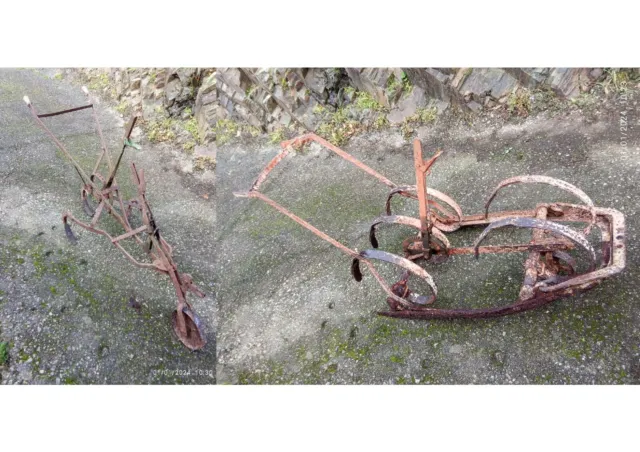 Arado de hierro y Grada de ballestas. Ambas herramientas para tiro con caballo.