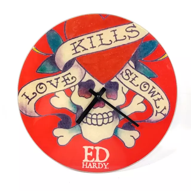 ED HARDY CLOCK Red Glass Love Slowly Kills Skull Cross Bones $28.95 ...