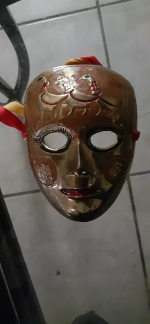 Vintage 6In. Solid Brass Mardi Gras Mask Hand Painted