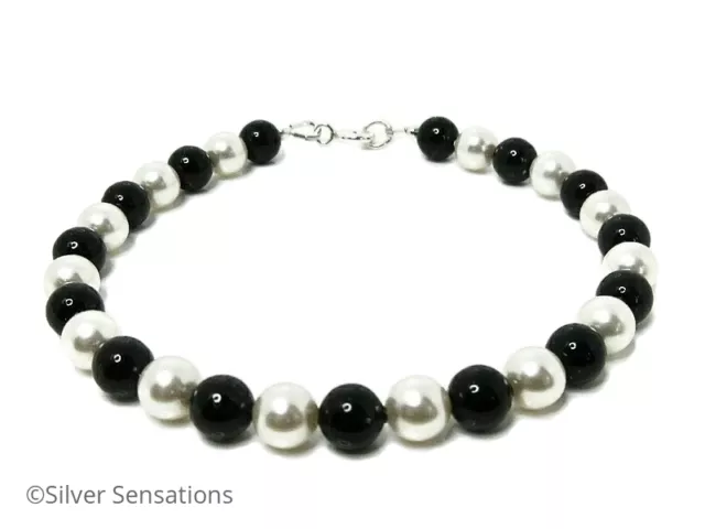 Elegant Jet Black & White Swarovski Pearls & Sterling Silver Handmade Bracelet