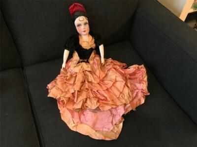 Antique French Spanish Flamenco Dancer Boudoir Bed Doll In Original Costume