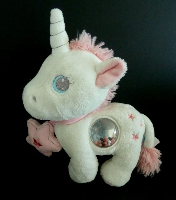 R99. DOUDOU PELUCHE TEX BABY LICORNE BLANC ROSE ETOILE boule à billes ht 24cm