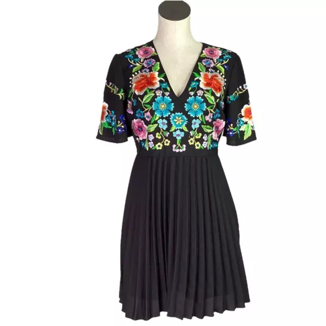 Asos Design Women 6 Floral Embroidered Pleated Mini Dress Black Multi Summer