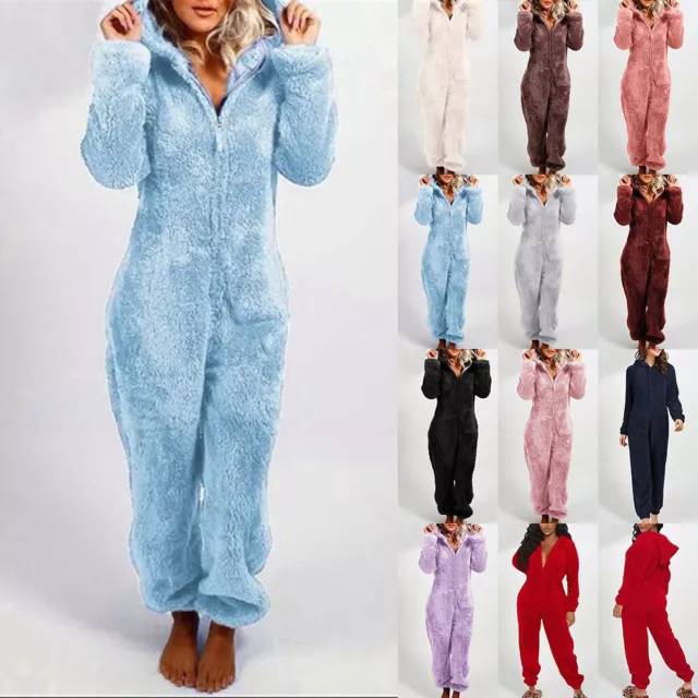 Womens Teddy Bear Fluffy Fleece Hooded Jumpsuit 1Onesie Playsuit Pajamas Romper