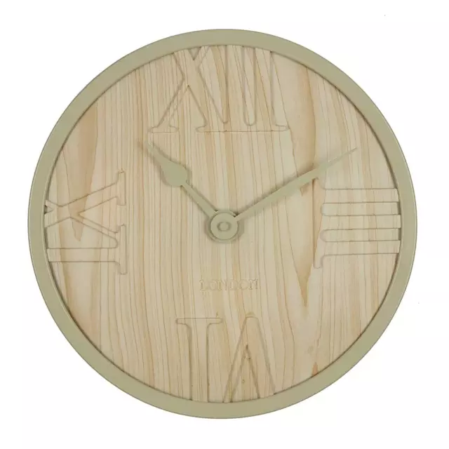 Hometime 31cm Quartz Wall Clock Light colour Wood Look Face Raised Roman Dial